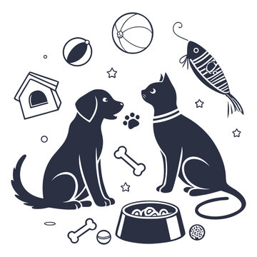 Black dog and cat sitting together with toys