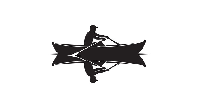 Canoe with two rowers in black silhouette