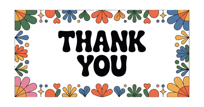Retro psychedelic thank you text within colorful floral border, groovy 1970s style for cards.