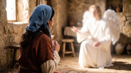 Fototapeta premium Young woman Mary listening to the Archangel Gabriel visiting her in Nazareth. Biblical scene of the Annunciation. Spiritual encounter with a divine messenger, faith and religion.