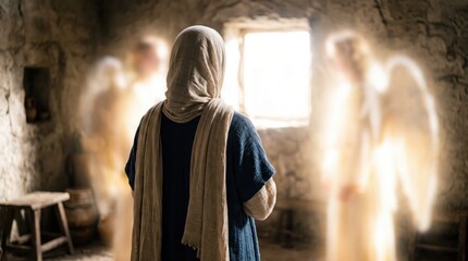 Fototapeta premium Woman standing in room and meeting shining angels. Bible scene of Annunciation where angel Gabriel appears to Mary in Nazareth. Traditional Christian religious event during history.