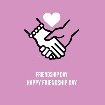A friendship day greeting card featuring a handshake icon with a heart symbol and typography on a pink background.