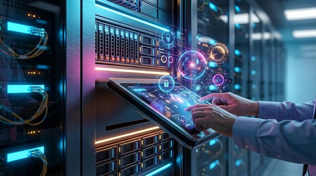 IT professional using tablet to control server rack with holographic interface