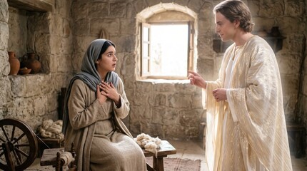Fototapeta premium Angel Gabriel visits Mary in Nazareth to announce the birth of Jesus. Biblical scene of the Annunciation. Woman and celestial messenger in ancient stone room. Faith and religion concept.