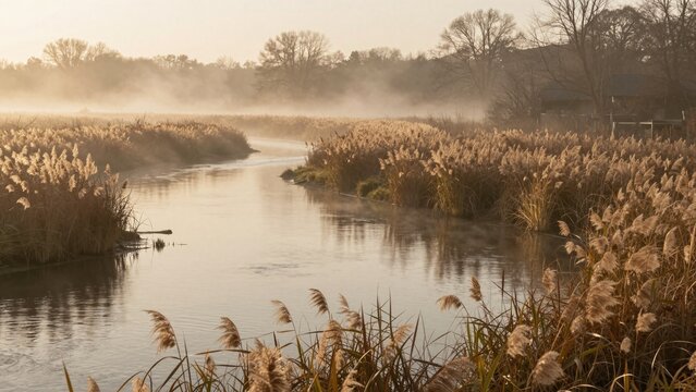 Calm river at golden dawn with mist and reeds