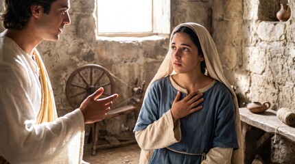 Fototapeta premium Angel Gabriel appearing to young woman Mary in interior of stone house. Biblical scene of Annunciation from Gospel of Luke. Religious concept of divine message and faith in Nazareth.