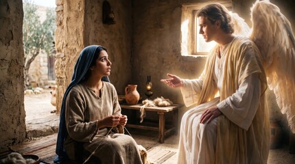 Fototapeta premium Woman Mary and angel Gabriel in room at Nazareth. Biblical scene of Annunciation. Concept of divine message and faith. Historical religious art representation of Gospel of Luke.