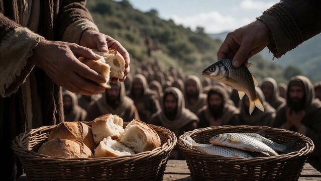 Breaking bread and fish above baskets on hillside