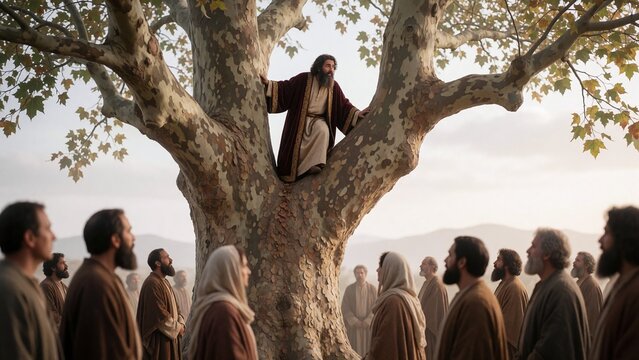 Man climbing sycamore tree above the crowd
