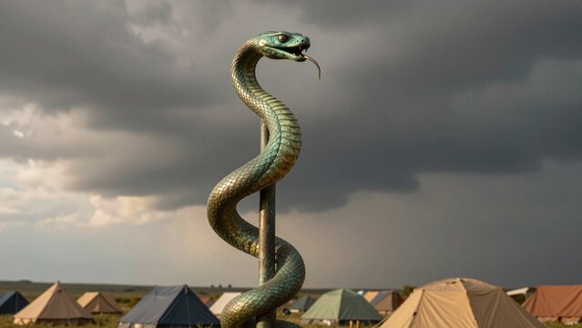 Bronze serpent on pole against storm sky