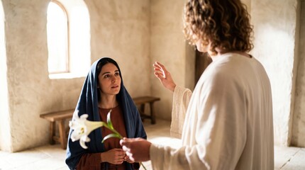 Fototapeta premium Angel Gabriel visits Mary in Nazareth to deliver the message of the Annunciation. Biblical scene depicting the divine encounter between the messenger and the young woman holding lily.