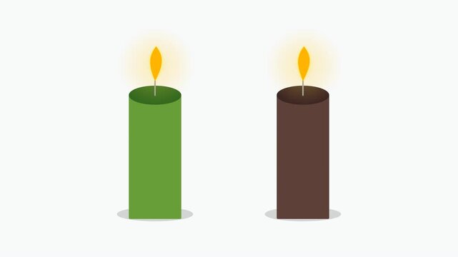 Two burning candles animation. Green and brown wax candles with glowing flame motion.
