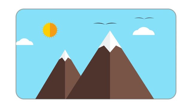 Flat design mountain landscape animation. Minimalist vector peaks with sun and clouds.