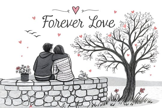 Couple embracing on stone wall with bare trees and forever love text