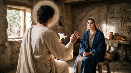 Fototapeta premium Angel Gabriel visits young woman Mary in Nazareth. Biblical annunciation scene depicts divine messenger with lily appearing to humble maiden in ancient stone home. Religious faith concept.
