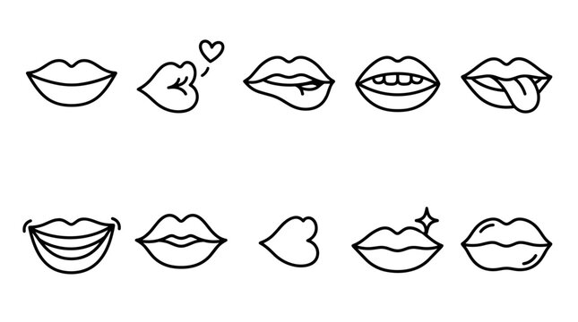 Lips outline icon set, hand drawn kiss symbols, mouth doodle elements, minimalist vector illustration