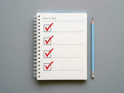 Notebook with red checkmarks and pencil. To do list on paper for business planning.