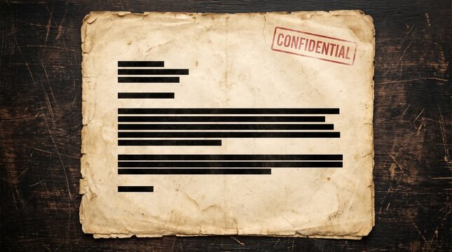 Vintage confidential document with redacted text on dark wood