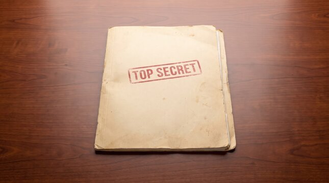 Top secret folder stamped in red ink on a wooden desk