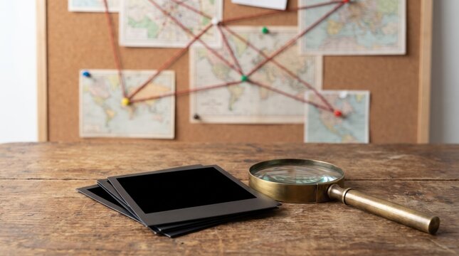 Detective magnifying glass and evidence photos on wooden desk