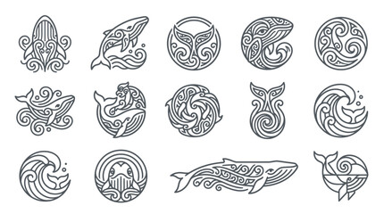 Minimalist tribal whale and sea creature logos. © jack