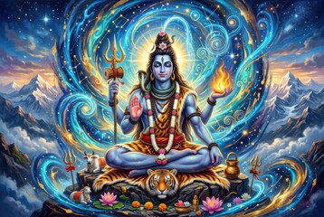 Fototapeta premium Cosmic illustration of Lord Shiva in meditative pose.