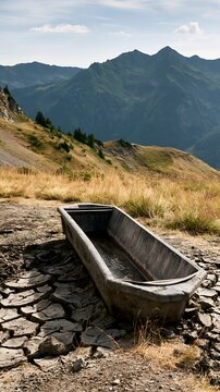 Leere Viehtr&auml;nke auf ausgetrockneter Alpweide vor Schweizer Bergkulisse