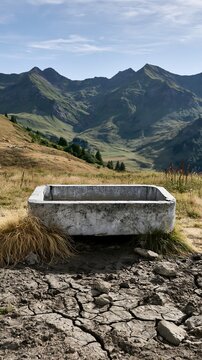Leere Viehtr&auml;nke auf ausgetrockneter Alpweide vor Schweizer Bergkulisse