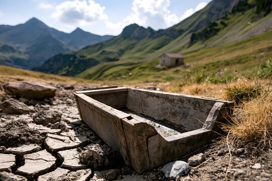 Leere Viehtr&auml;nke auf ausgetrockneter Alpweide in den Schweizer Bergen
