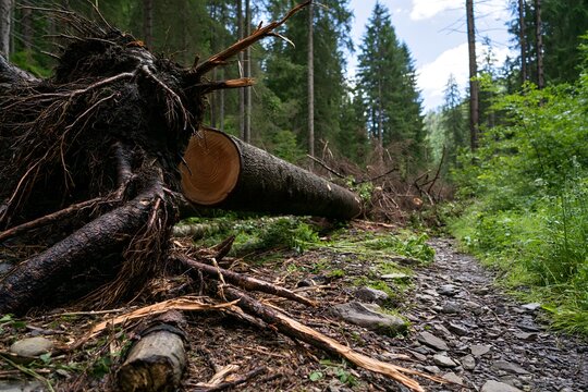 Umgest&uuml;rzter Baum blockiert Wanderweg nach einem schweren Unwetter