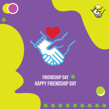 A friendship day greeting banner featuring a handshake icon with a red heart, abstract shapes, stars, and typography on a purple and yellow background.