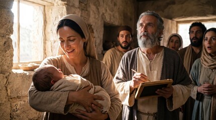 Fototapeta premium Woman holding baby with priest writing on tablet in background. Biblical scene depicting naming of John the Baptist. Religious event in ancient Judea. Historical narrative of holy family.