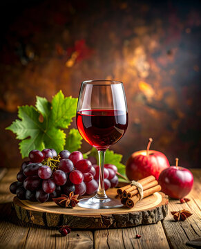 Copa de vino tinto de calidad rodeada de uvas, especias arom&aacute;ticas y madera de roble, concepto de cata de vinos, aromas del vino, enolog&iacute;a, bodega artesanal, vino premium y experiencia sensorial