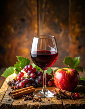 Copa de vino tinto de calidad rodeada de uvas, especias arom&aacute;ticas y madera de roble, concepto de cata de vinos, aromas del vino, enolog&iacute;a, bodega artesanal, vino premium y experiencia sensorial