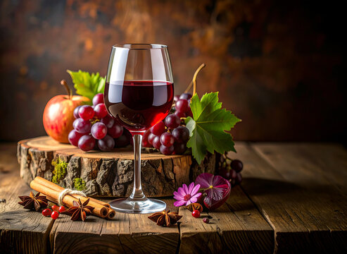 Copa de vino tinto de calidad rodeada de uvas, especias arom&aacute;ticas y madera de roble, concepto de cata de vinos, aromas del vino, enolog&iacute;a, bodega artesanal, vino premium y experiencia sensorial