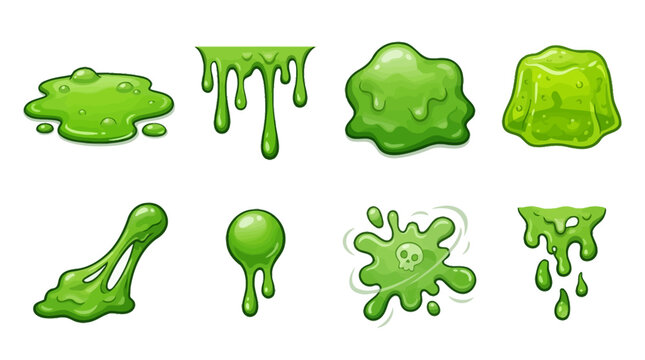 Green slime drips and toxic splashes, cartoon radioactive goo puddles, 8 vector liquid slime elements for game design and spooky graphics
