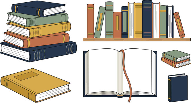 Colorful Cartoon Book Collection Vector Illustration Set Featuring Stacked Books Library Shelf and Open Textbook with Bookmark Ribbon for Education Layouts