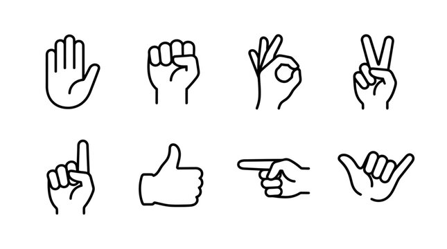 Minimalist hand gestures line icon set, 8 human hand signs including thumbs up and peace sign, black outline vector illustrations for UI design