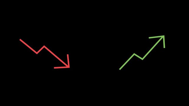 Red downward and green upward trend arrows. Market trends, profit and loss, growth, and decline visualization. 2D animation with 4K resolution and alpha channel.