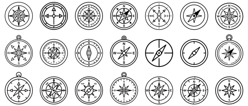 Navigation compass line icon set for travel and direction