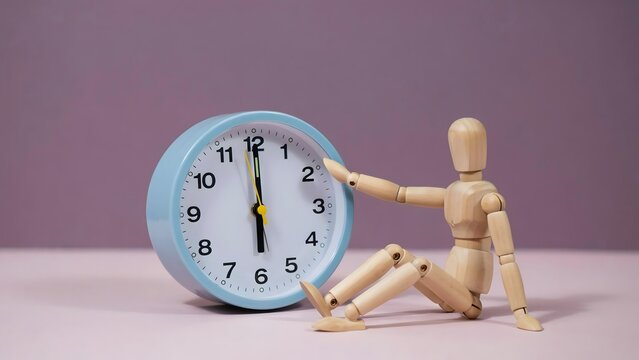 Wooden mannequin sitting next to a light blue clock pointing at six oclock, concept of time management and waiting