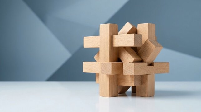Complex interlocking wooden block puzzle on a white reflective surface. Natural timber burr brain teaser toy set against a minimalist blue-grey geometric abstract background wall.