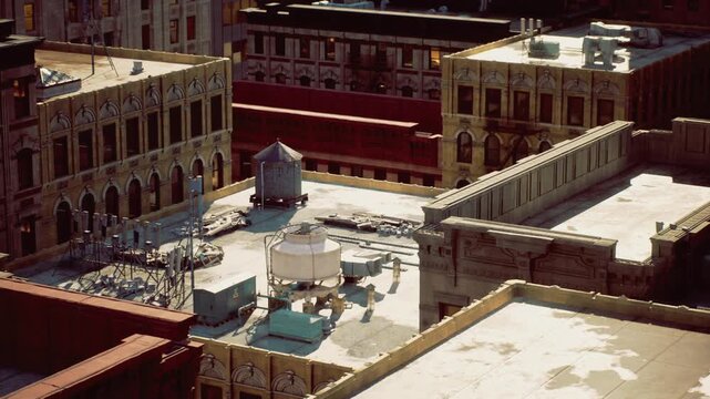 Sunlit historic courtyard rooftop vista revealing narrow alleys, stone terraces, central fountain, caf umbrellas, warm sandstone textures, deep shadows,
