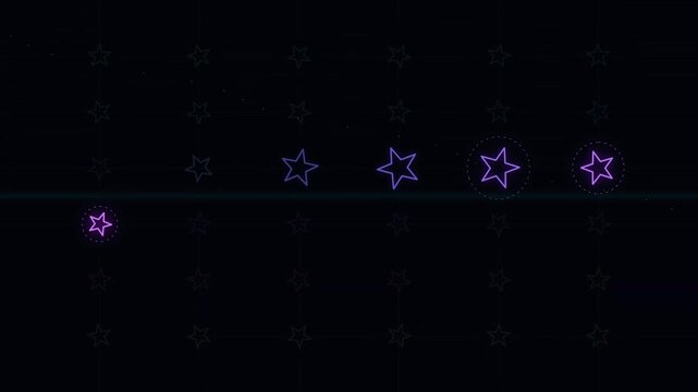 Rating system interface with five glowing yellow stars feedback review score