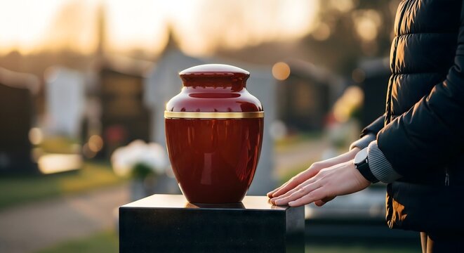 Grieving person touching funeral urn with ashes in cemetery
