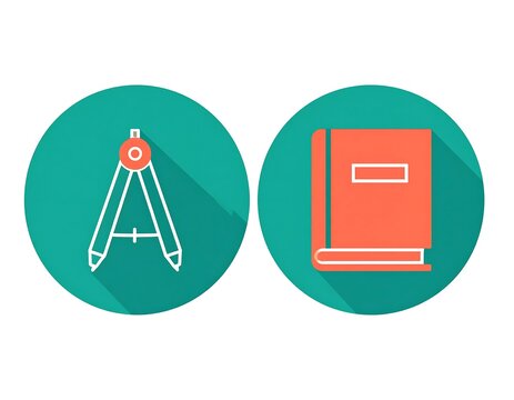 Set of flat vector icons featuring a drafting compass and a textbook for education and design concepts.
