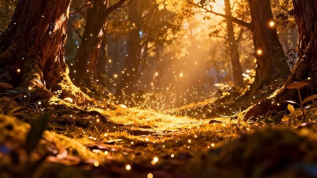 Mystical forest path with glowing sparkles
