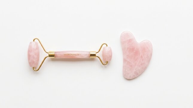 Elegant rose quartz facial roller and gua sha tool displayed on a clean white background with bright studio lighting for beauty and wellness.