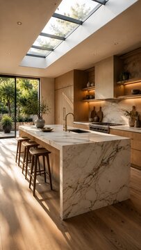 Luxurious modern kitchen with a large marble island, skylights, and natural light streaming in.