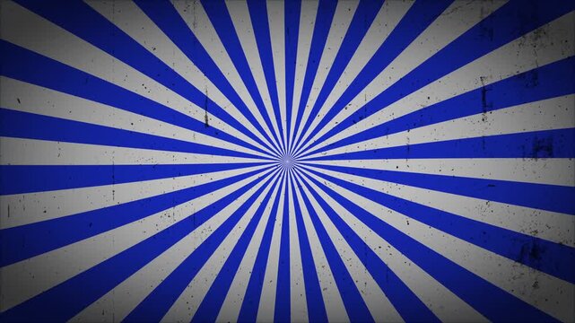 Retro blue and white sunburst radial ray background with vintage grunge dust scratches overlay effect 4k video